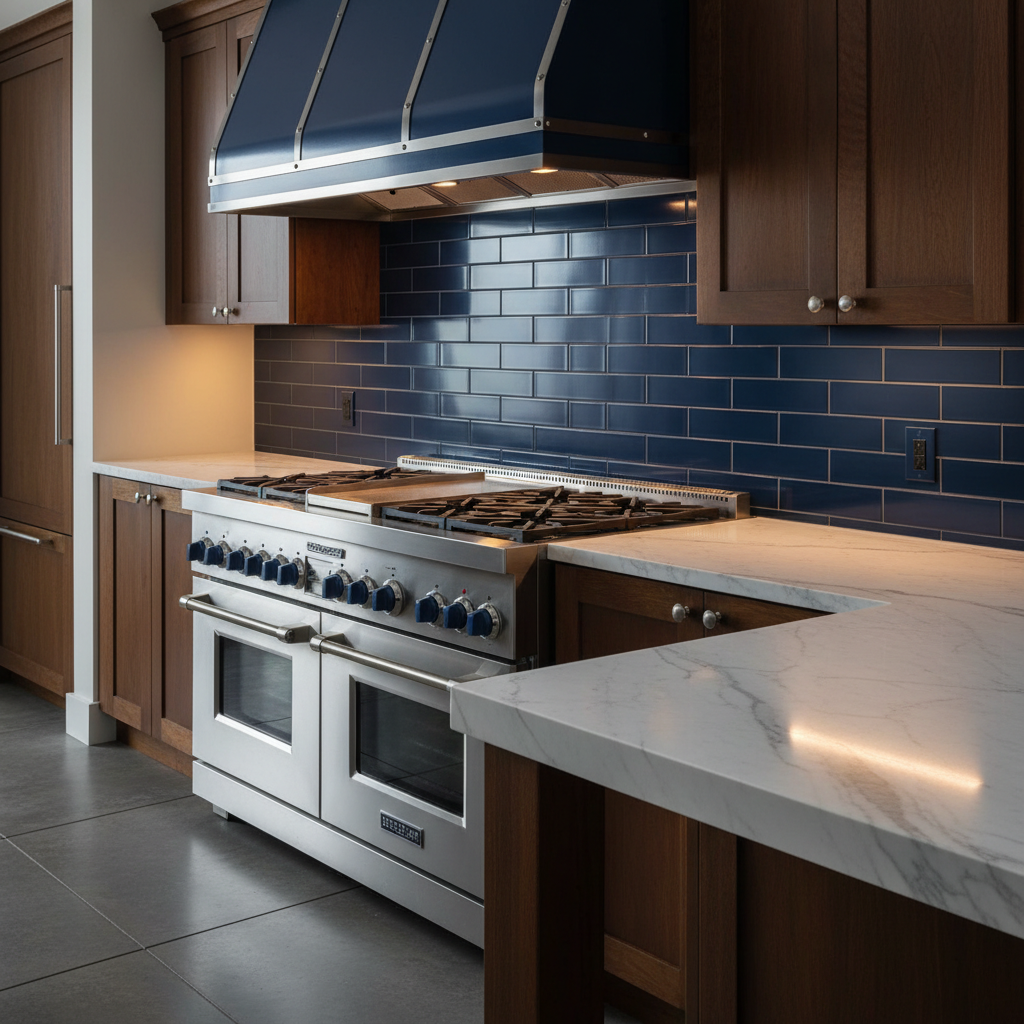 Professional range and ventilation hood in a premium kitchen
